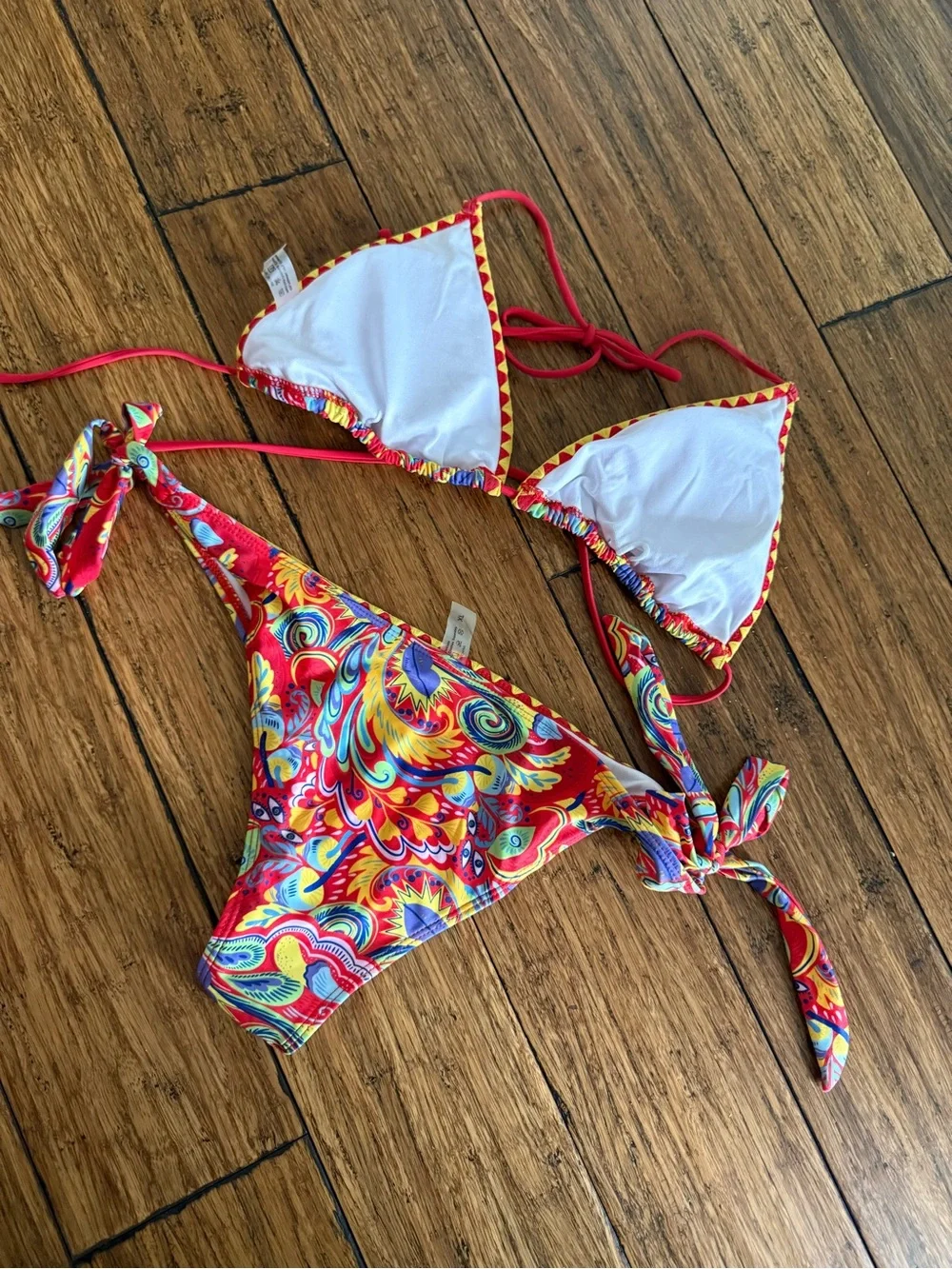 Vibrant Red Multicolor Paisley Triangle Bikini XL